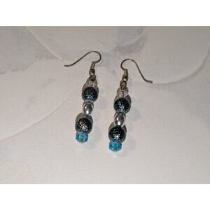 Fun & Sparkly Vintage 1980s Pierced Silver-Tone Teal Beaded Dangle Earrings